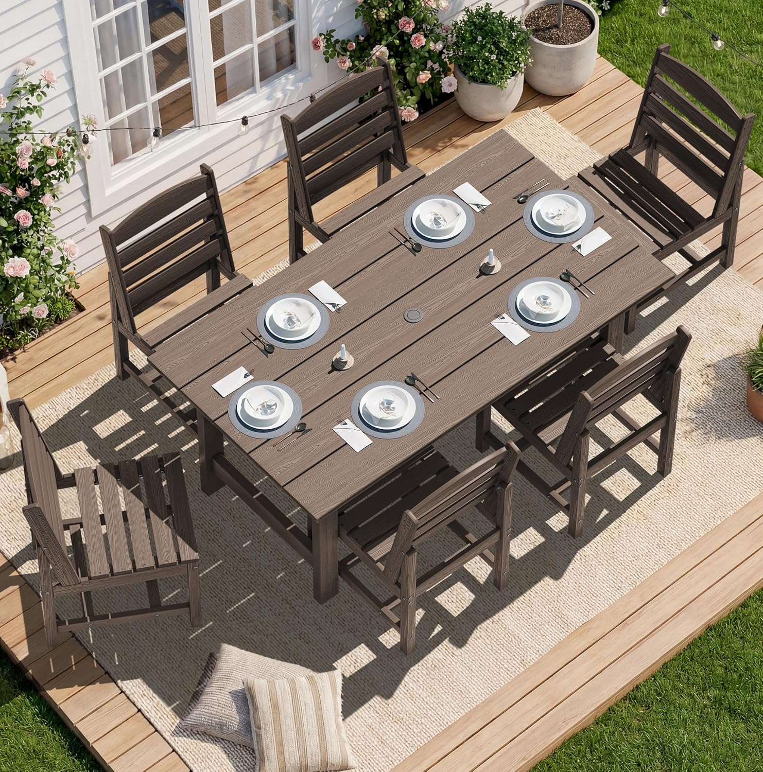SERWALL 7-Piece Patio Dining Table Sets, Outdoor HDPE Dining Furniture Set with Umbrella Hole Cut-Out Table and 6 Chairs, Blue