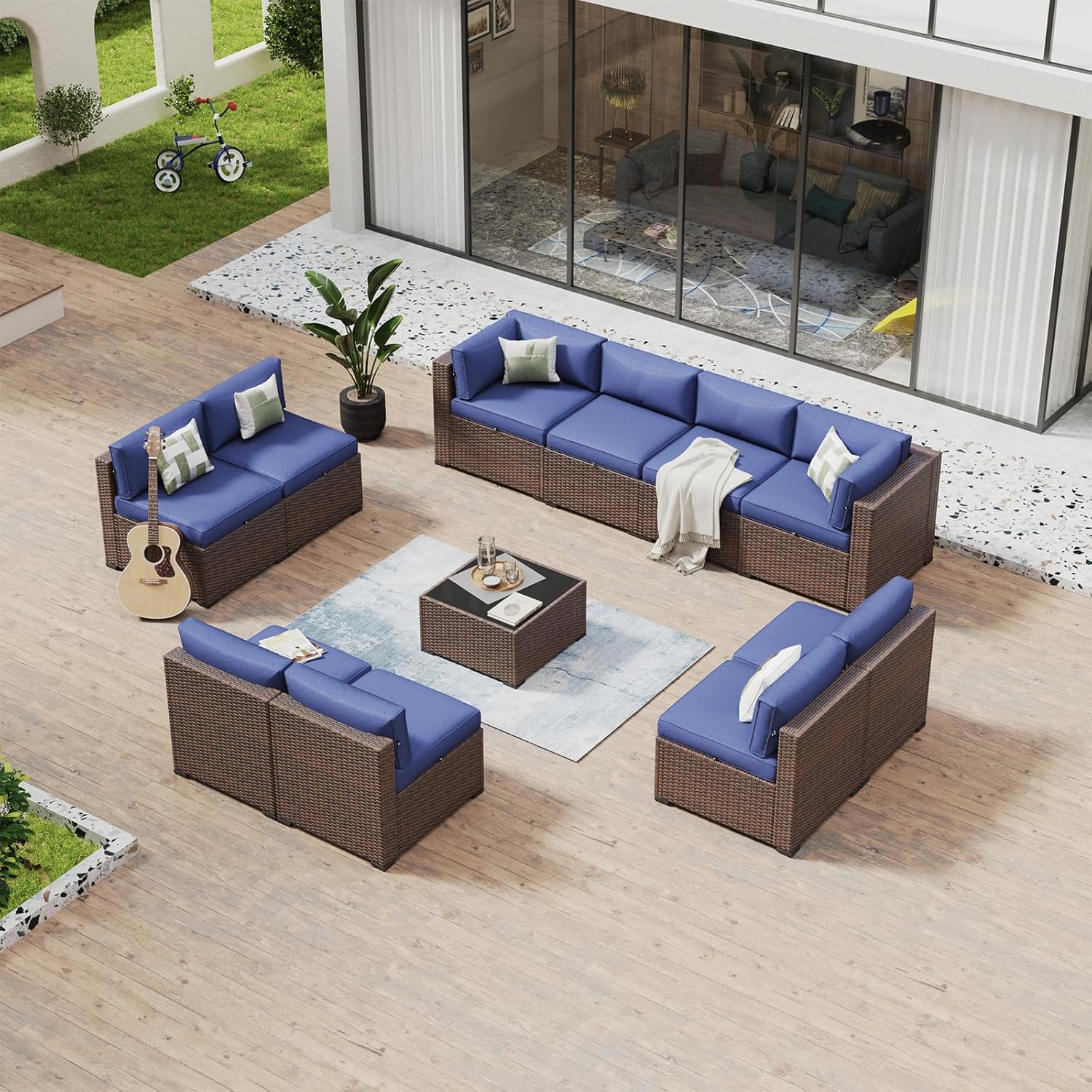 Aoxun 8 Piece Patio Furniture Set with 44?Fire Pit Table Wicker Rattan Outdoor Sectional Sofa Set with Coffee Table and Thickened Cushions, Beige (Waterproof Cover Included)