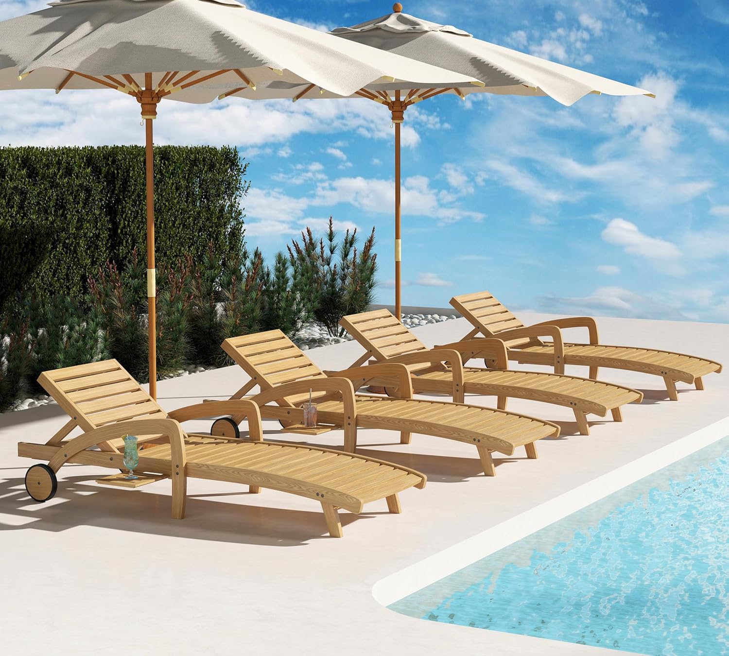 Pool Chaise Lounge Chairs Set of 4 5-Position Adjustable Outdoor Patio Lounge Chairs Wood Reclining Chaise Lounger Chair with Pullout Side Table