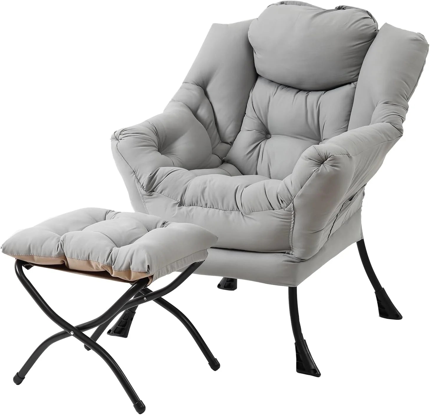 Welnow Lazy Chair with Ottoman, Modern Accent Chair with Armrests and a Side Pocket, Leisure Sofa Armchair, Reading Armchair with Footrest for Small Space, Dark Grey