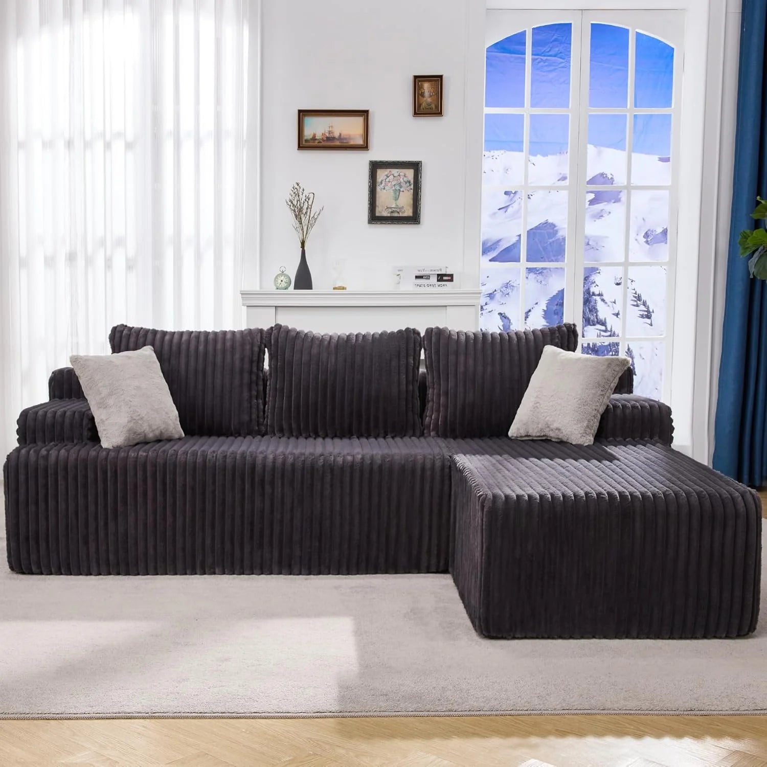Modular Sectional Sofa Couches L-Shape Couch 3 Seat Modular Sofa Memory Foam Sectional Couches for Living Room, Cloud Couch with Oversized Chaise (Grey Stripe, 96" Left Facing Chaise)
