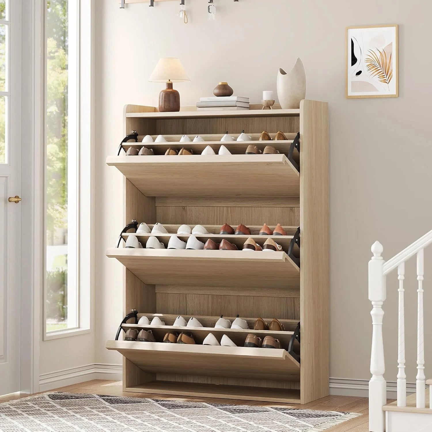GarveeHome Shoe Cabinet with 3 Flip Top Drawers, Wooden Shoe Cabinet with Adjustable Shelves