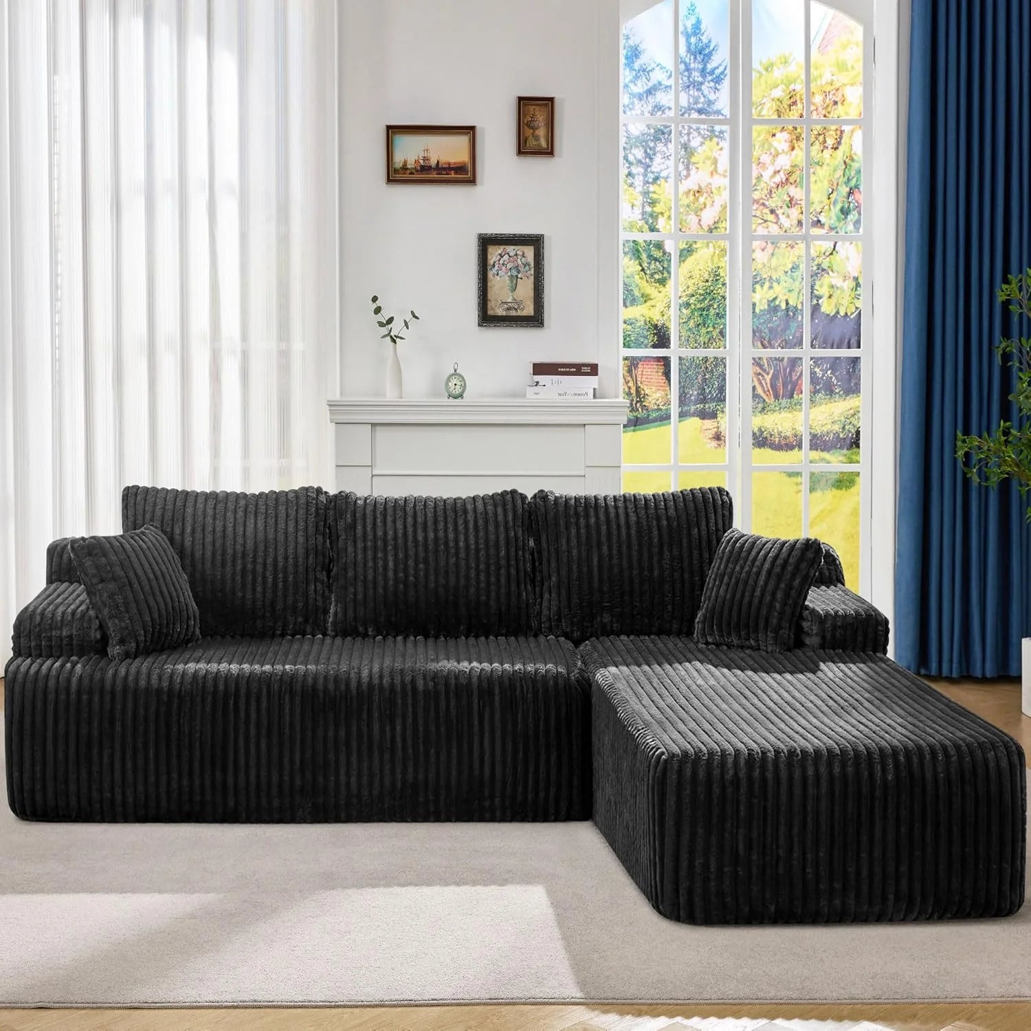 Modular Sectional Sofa Couches L-Shape Couch 3 Seat Modular Sofa Memory Foam Sectional Couches for Living Room, Cloud Couch with Oversized Chaise (Grey Stripe, 96" Left Facing Chaise)