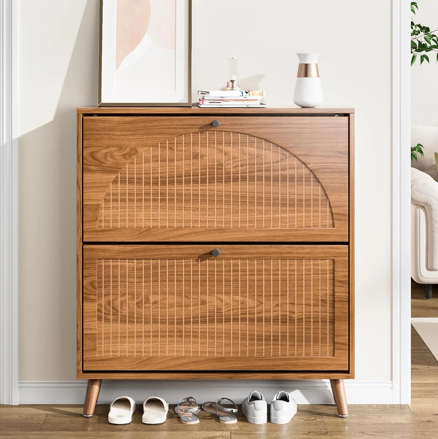 Entrance shoe cabinet with 2 flip-top drawers, narrow wooden shoe cabinet with fluted panels